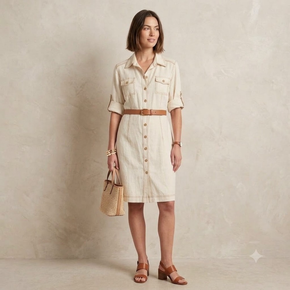 Tahari‎ Shirt Dress Womens Cream Linen Blend Roll Tab Sleeve Button Front 10P